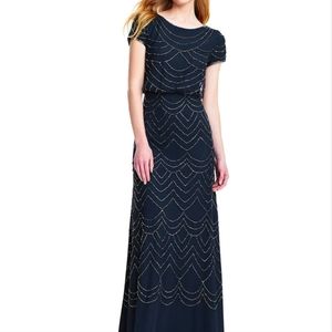 Adrianna Papell Beaded Navy Gown Dress, Size 12